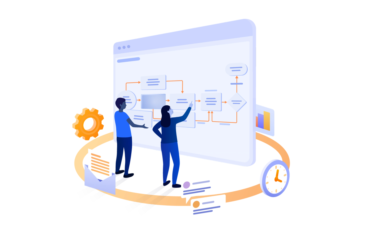 Personen, die den monday.com-Workflow auf einer Tafel ansehen
