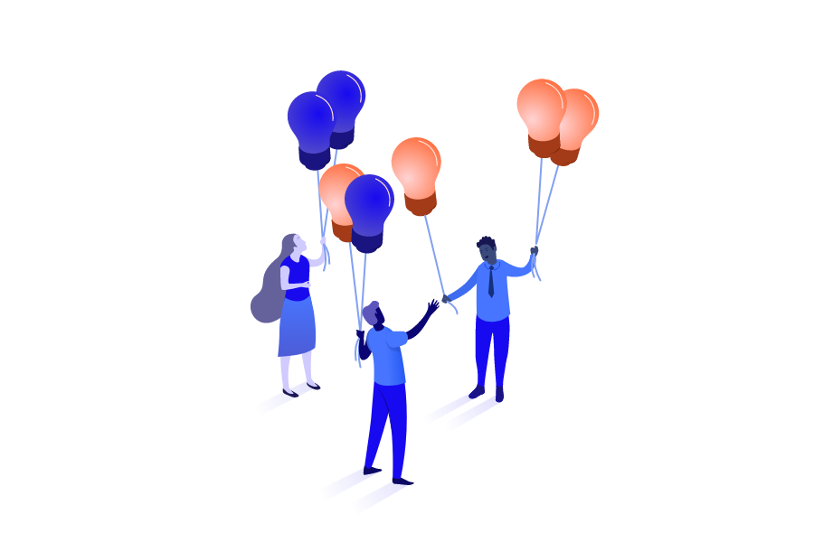 People holding lightbulb-shaped balloons