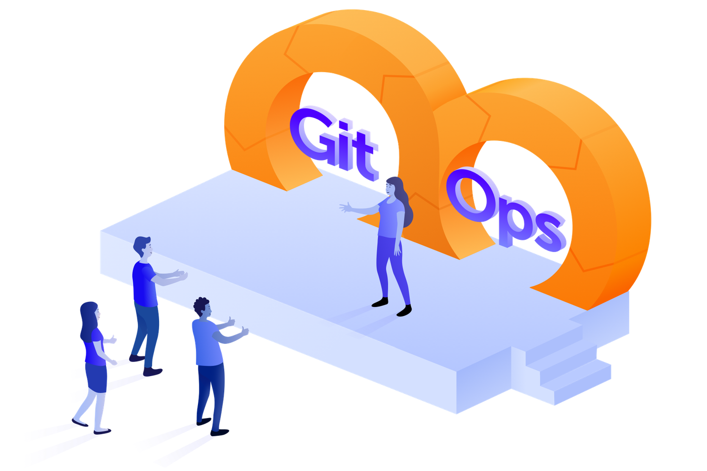 A person on a stage giving a speech about GitOps to other people
