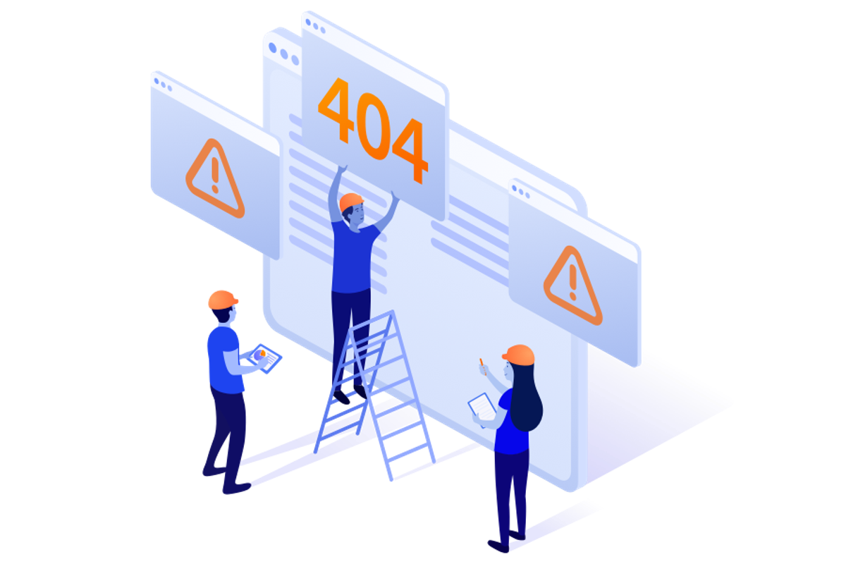 People with safety hats with one on a ladder, trying to fix the system errors on a computer dashboard