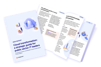 a graphic showing the Cloud transformation guide front cover and open pages
