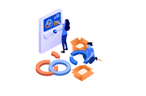 building a computer with boxes on the floor and pieces of itsm circles