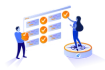 Man and woman adding tick sings to a dashboard