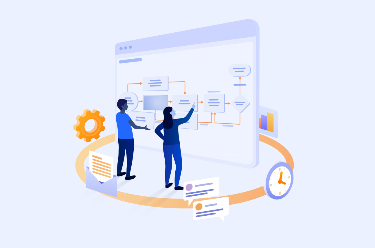 ilustracion de dos personas mirando un esquema de trabajo mientras elementos de los proyectos como un reloj, un chat o un engranaje les rodean