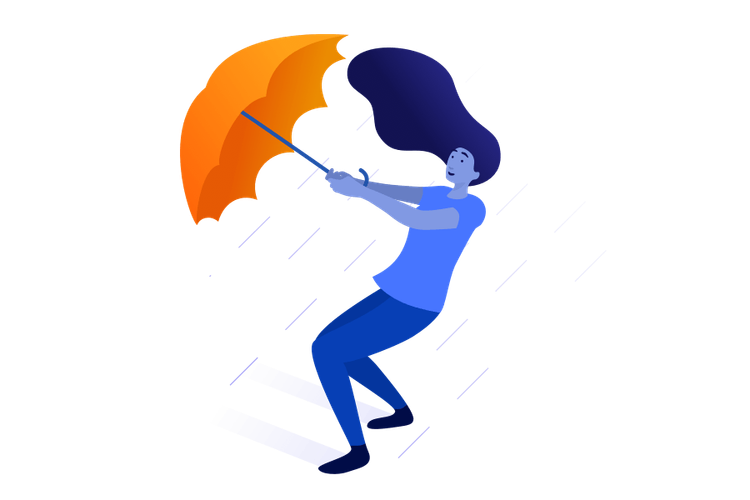 Woman with umbrella getting blown in the wind