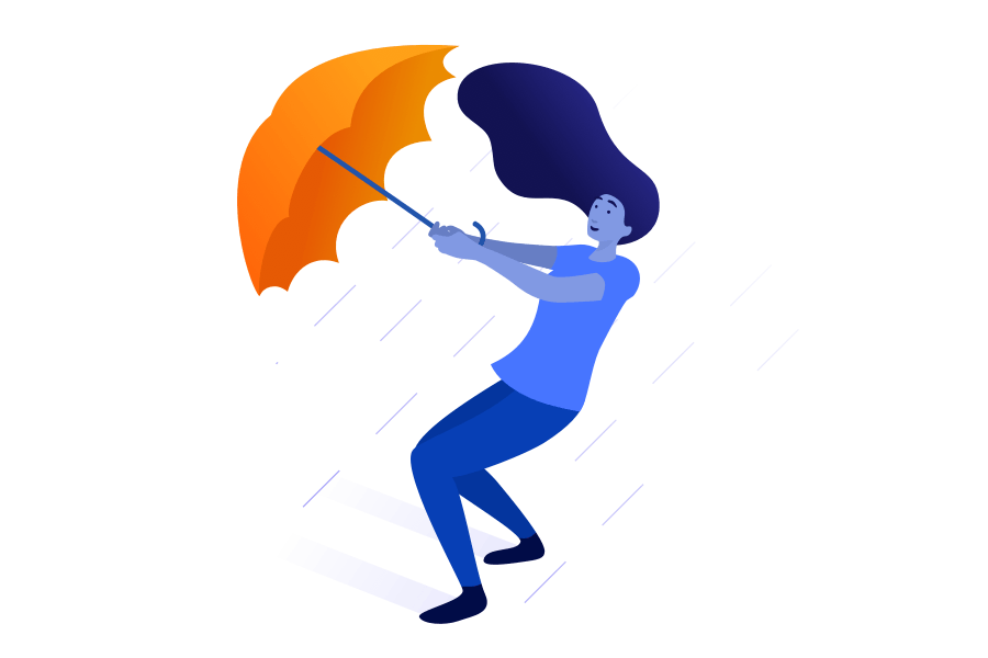 Frau mit Regenschirm, in den der Wind fährt.