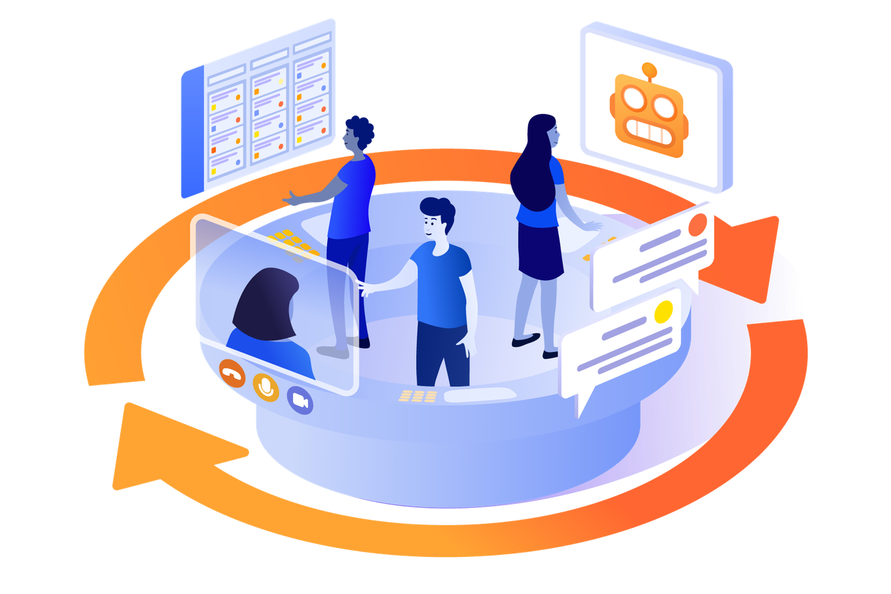 three people working independently but with other people online using various tools