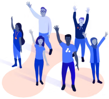 Illustration of various Adaptavist employees standing on the Adaptavist logo with hands in the air