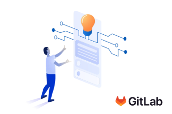 person looking at a circuit board with a GitLab logo