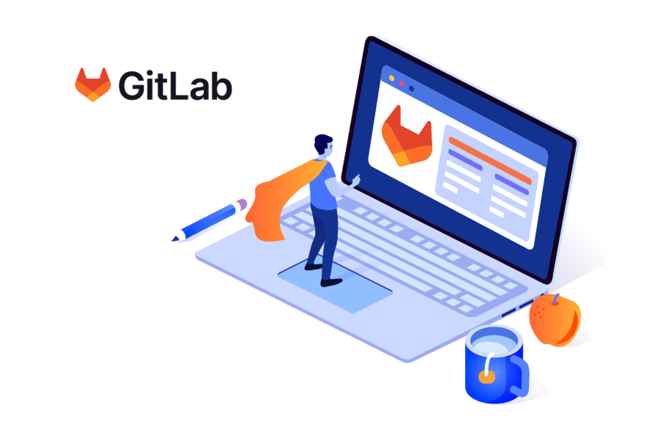 Man looking at a computer with a GitLab logo on the screen