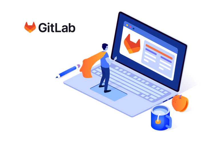 Man standing on a laptop with a GitLab logo on the screen 