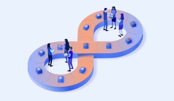 Sei persone in piedi all’interno di un grande simbolo di infinito per DevOps