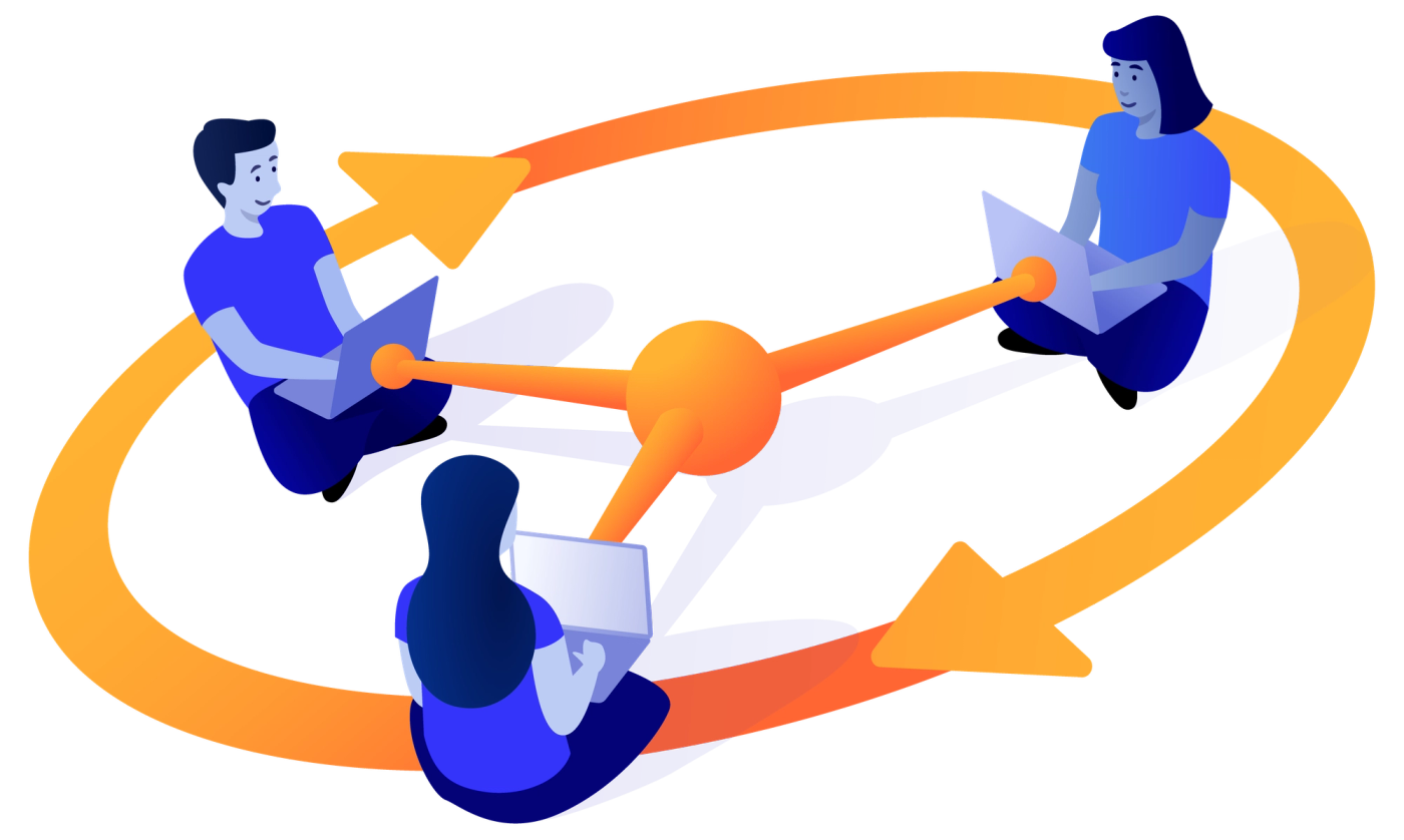 Two people adding a ball to a network in the air