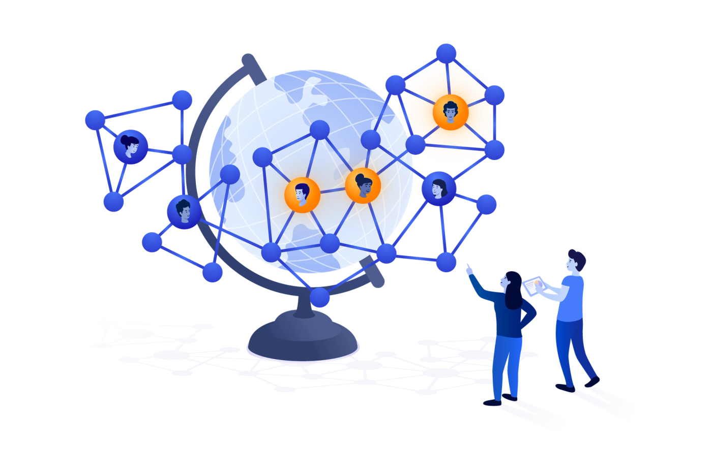 Two people observing a globe of connected dots
