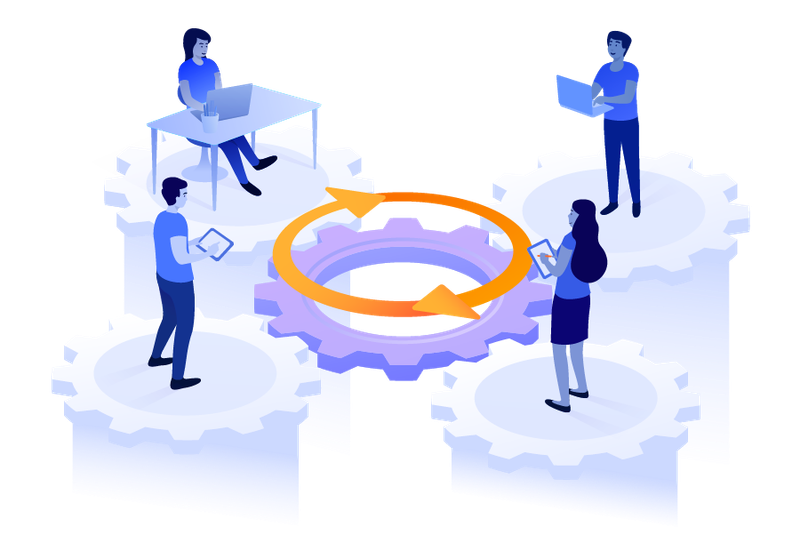 Illustration of four people standing on cogs around a circular arrow, communicating with different tools in different locations
