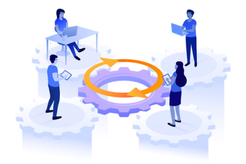 Illustration of four people standing on cogs around a circular arrow, communicating with different tools in different locations