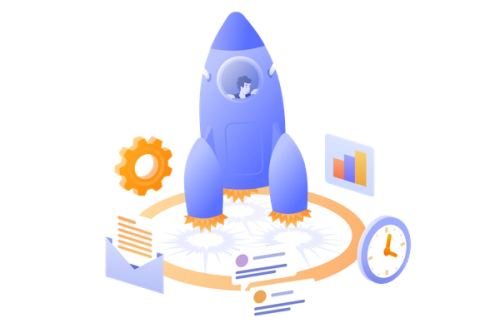 Cohete despegando con símbolos de gestión del trabajo a nuestro alrededor