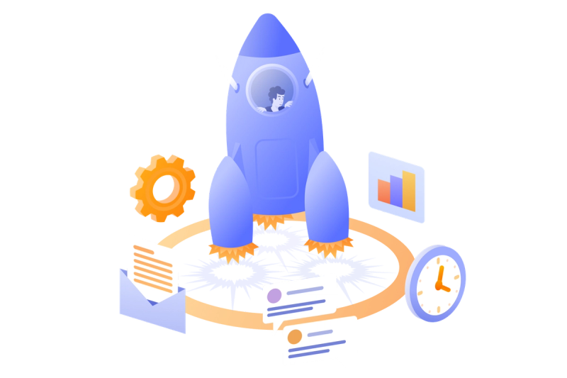Cohete despegando con símbolos de gestión del trabajo a nuestro alrededor