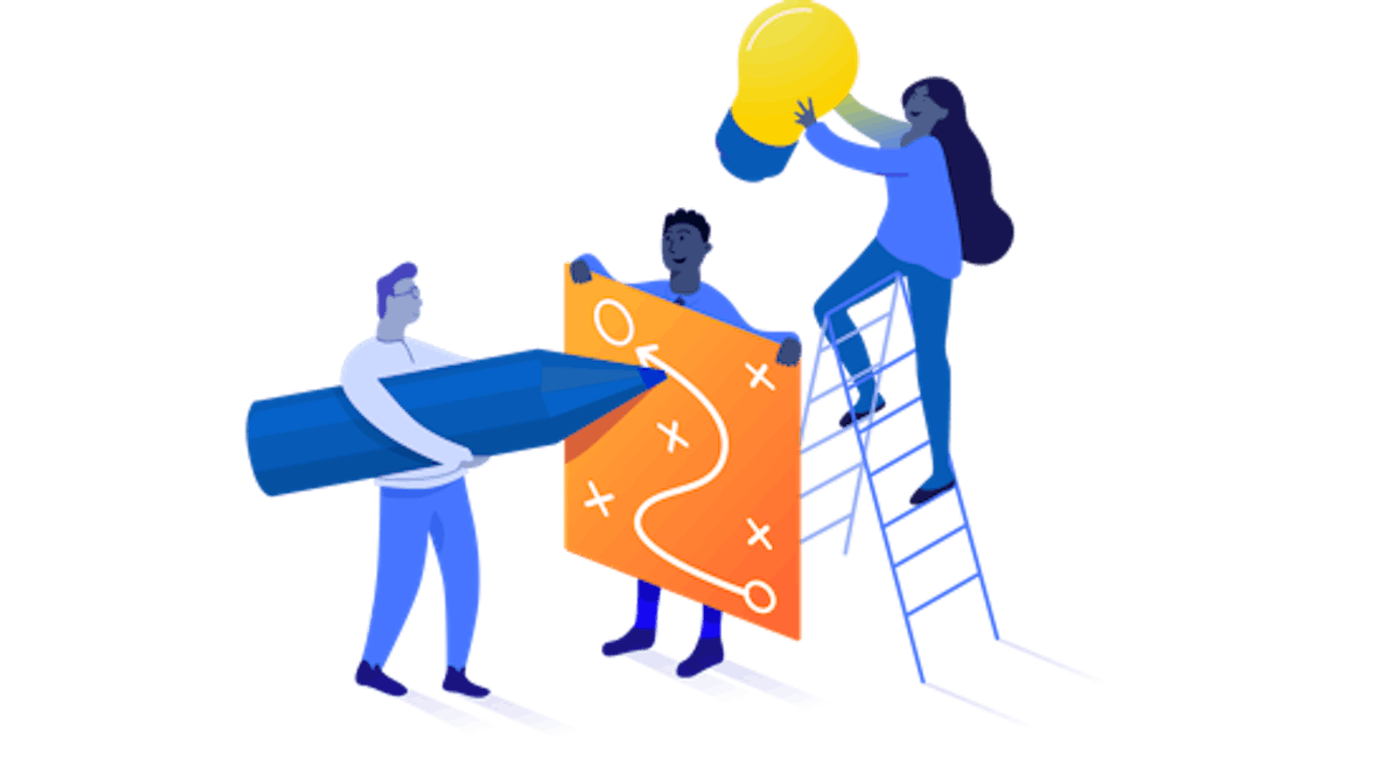 Three people collaborating, one with a pencil, one with a map with a route drawn, and one on a ladder holding a lightbulb over the head