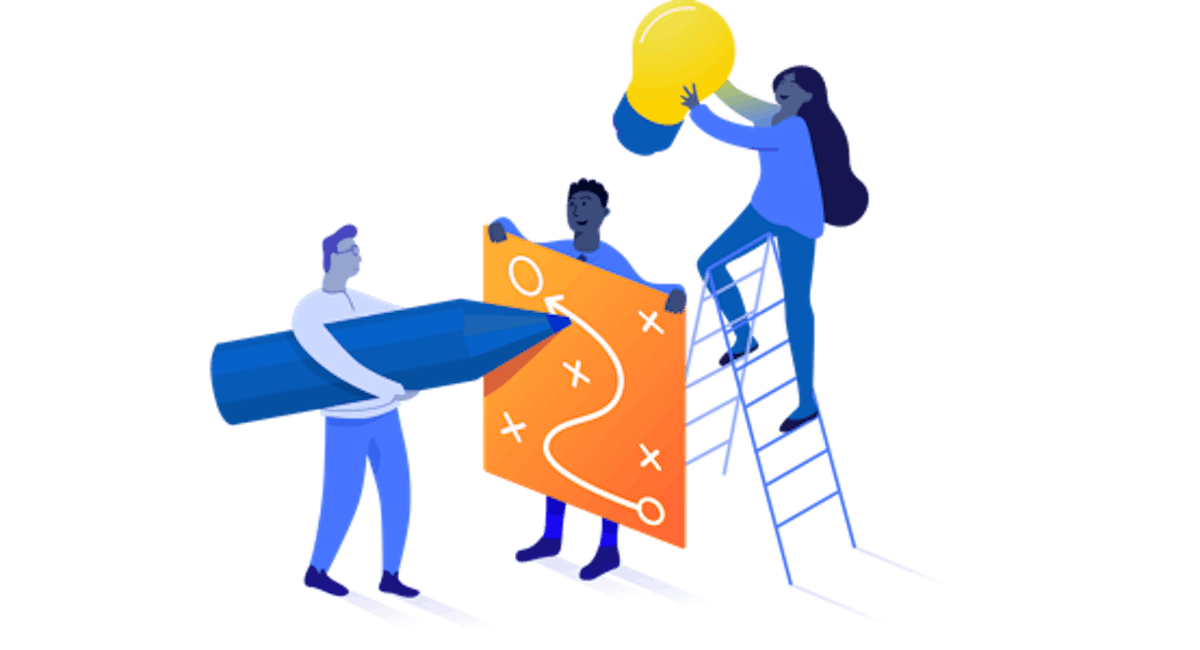 Three people collaborating, one with a pencil, one with a map with a route drawn, and one on a ladder holding a lightbulb over the head