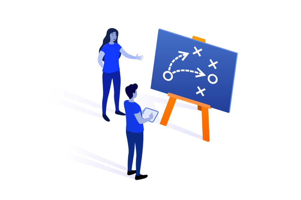 Two illustrated people planning in front of a blackboard