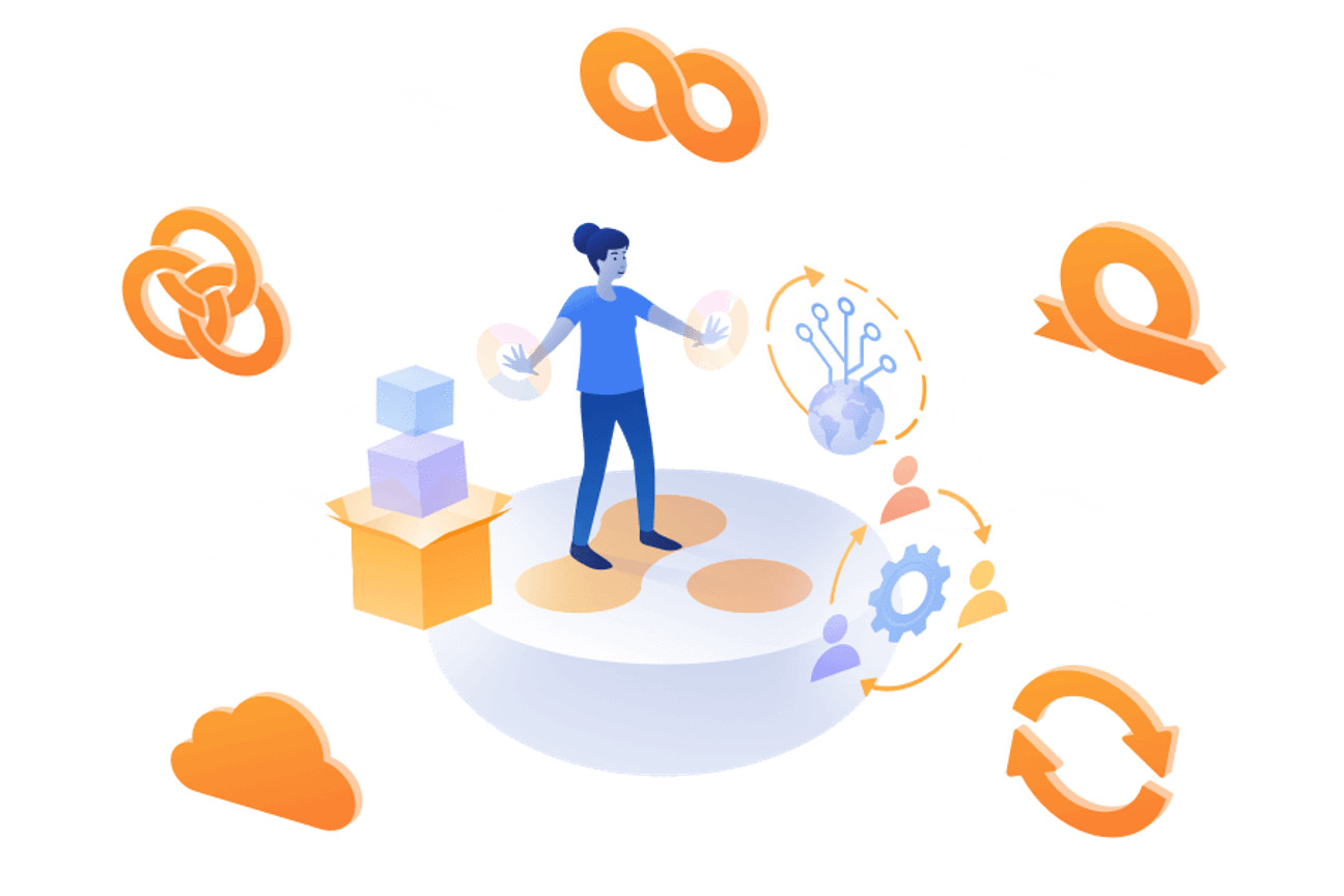 Person standing in clouds surrounded by services