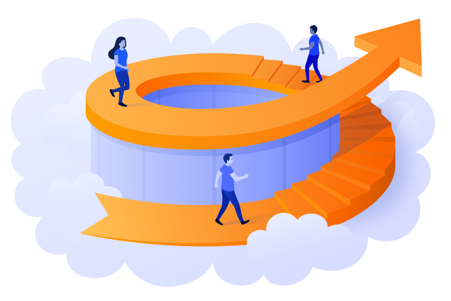 Three people walking up an agile loop.