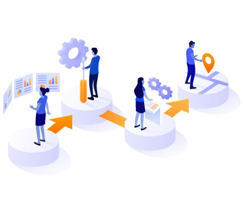 People standing on podiums connected by arrows, with various screens and tools in front of them, representing portfolio management