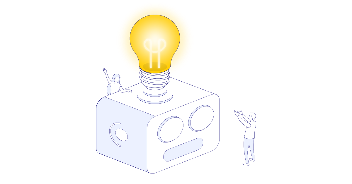 La testa di un robot con una lampadina gialla sopra di essa