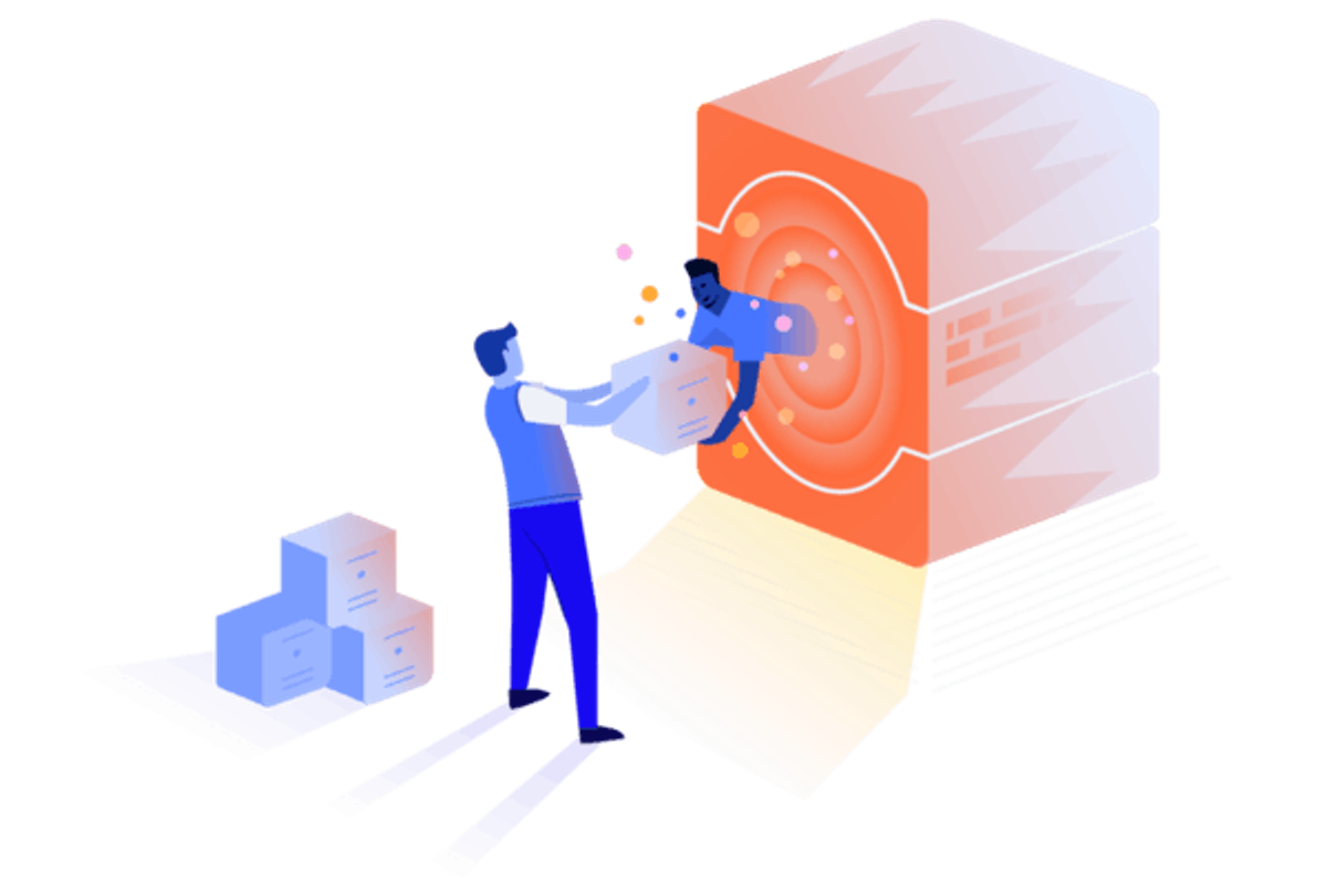 two people transferring data through a cube