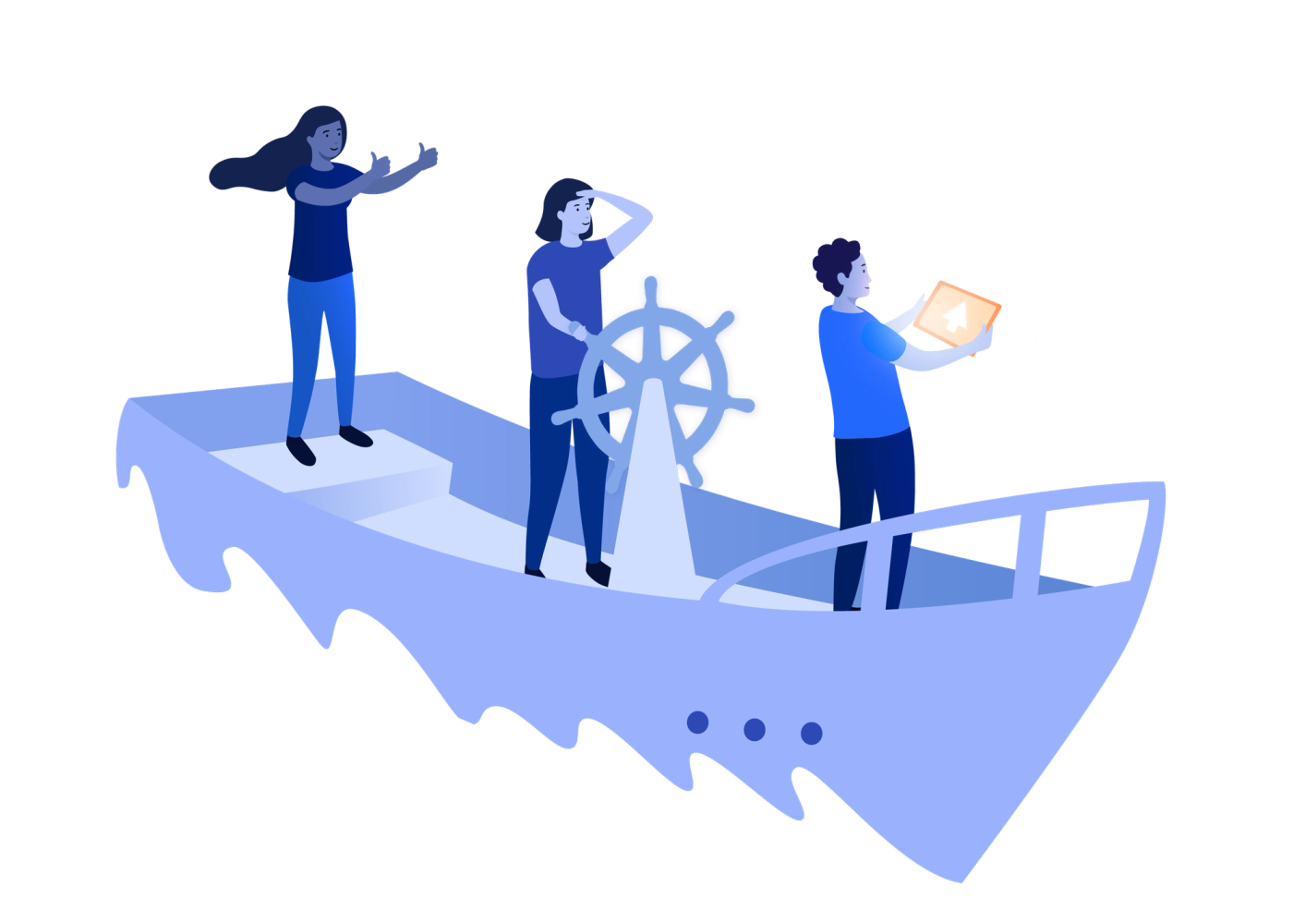 Tres personas colaborando conjutamente en un barco