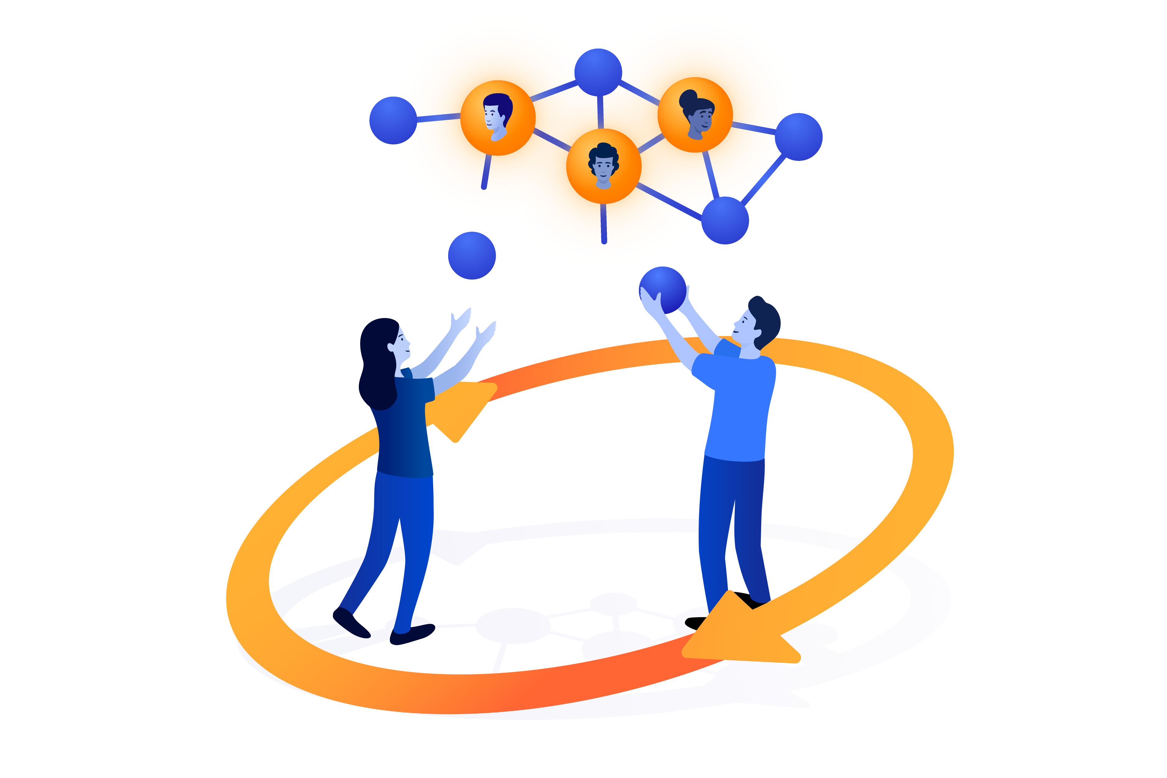 Two people adding a ball to a network in the air