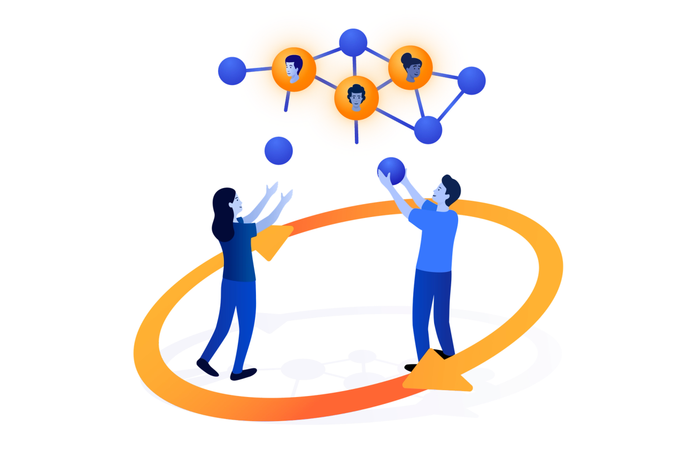 Two people connecting balls to a network in the air