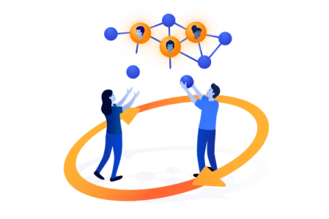 illustration of two people encircled by arrows connected dots and people above them