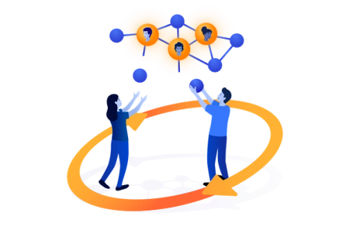 illustration of two people encircled by arrows connected dots and people above them