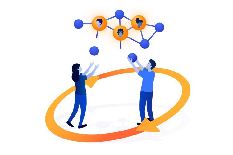 Two people connecting balls to a network in the air