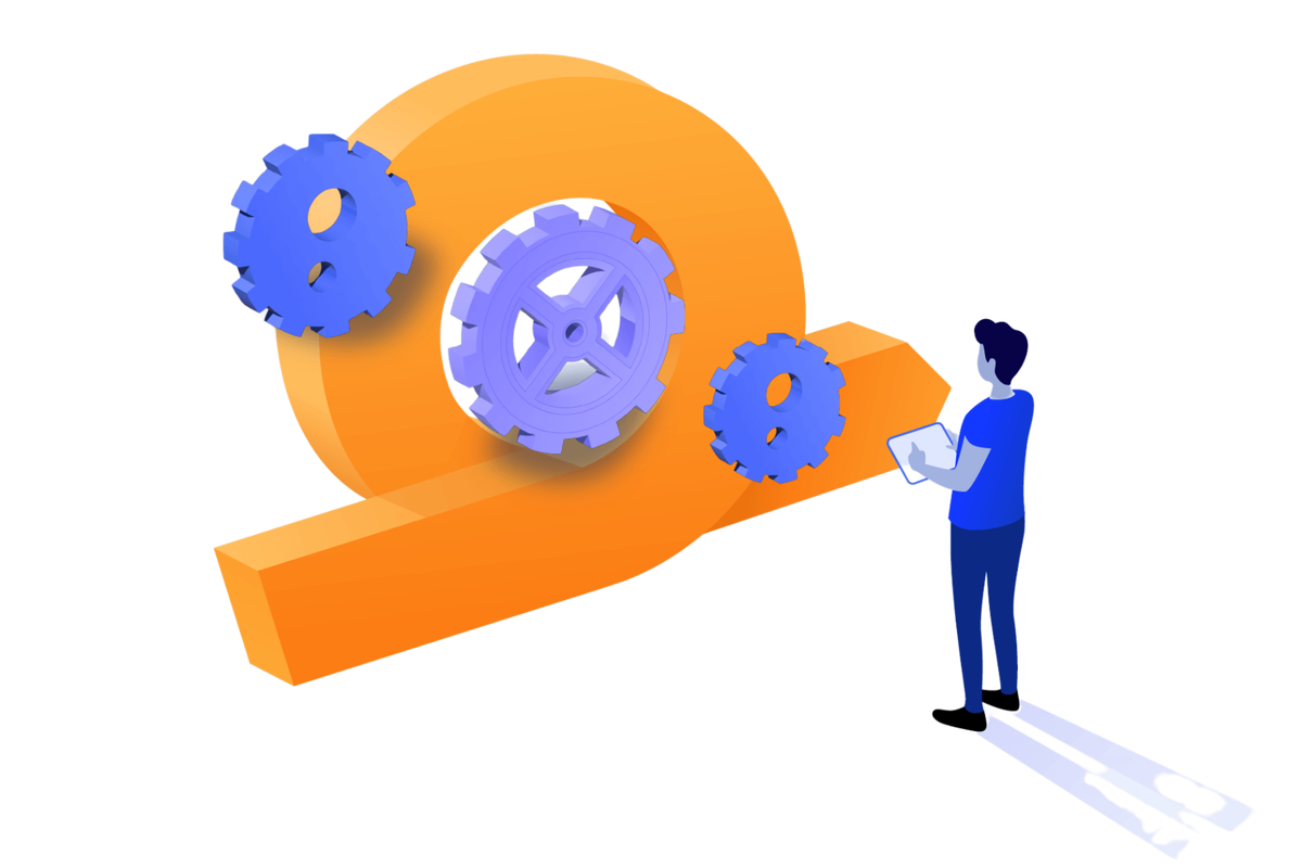 Person standing in front of an agile loop with three attached cogs.