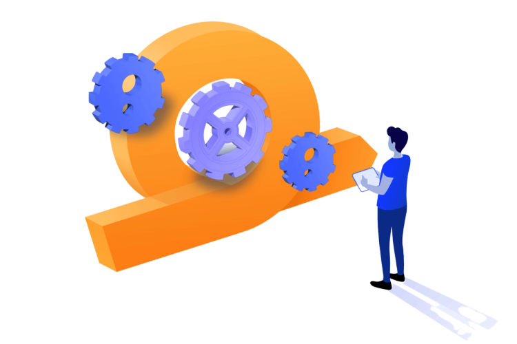 Person standing in front of an agile loop with three attached cogs.