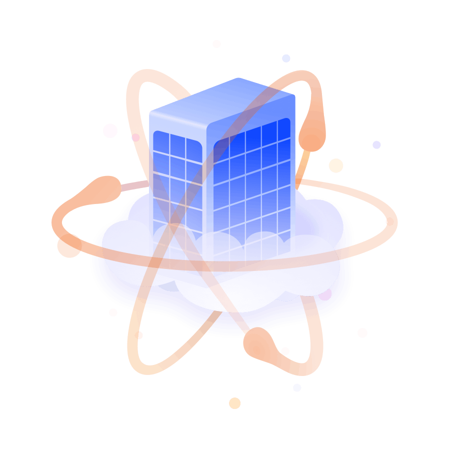Office building on cloud with atoms around