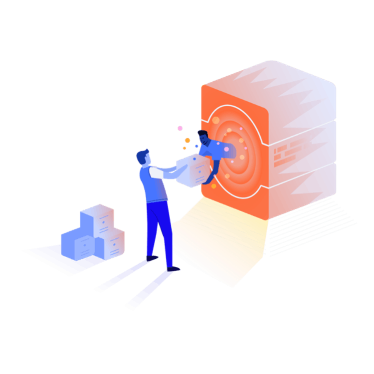 Person pulling information blocks from a portal