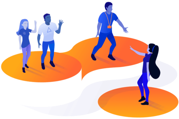 Ilustración de personas en tonos de azul de pie sobre diferentes partes del glifo naranja de Adaptavist