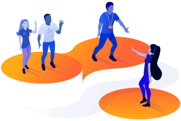 Illustration of people in shades of blue standing on different parts of the Adaptavist orange glyph