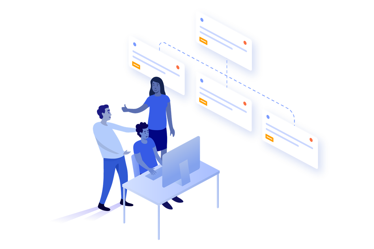 people stood around a computer 