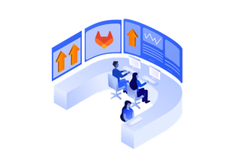 Tres personas delante de una pantalla con un logo GitLab
