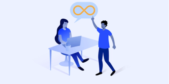 Infinity loop in speech bubble with person on laptop