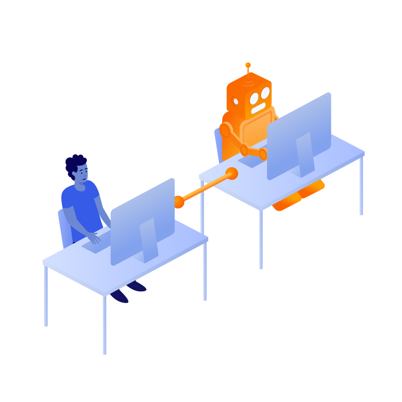 Person working alongside a robot and connected together