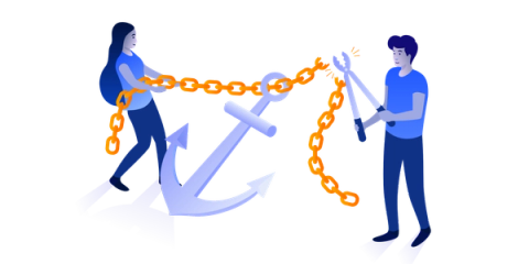 People holding a large anchor