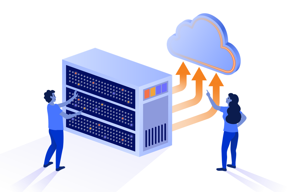 Man looking at a legacy unit with women pointing towards a cloud 