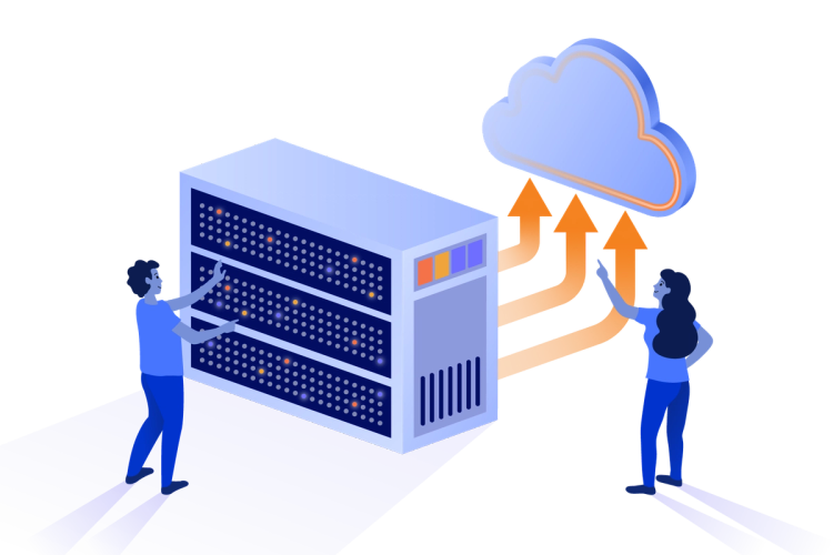 Man looking at a legacy unit with women pointing towards a cloud 