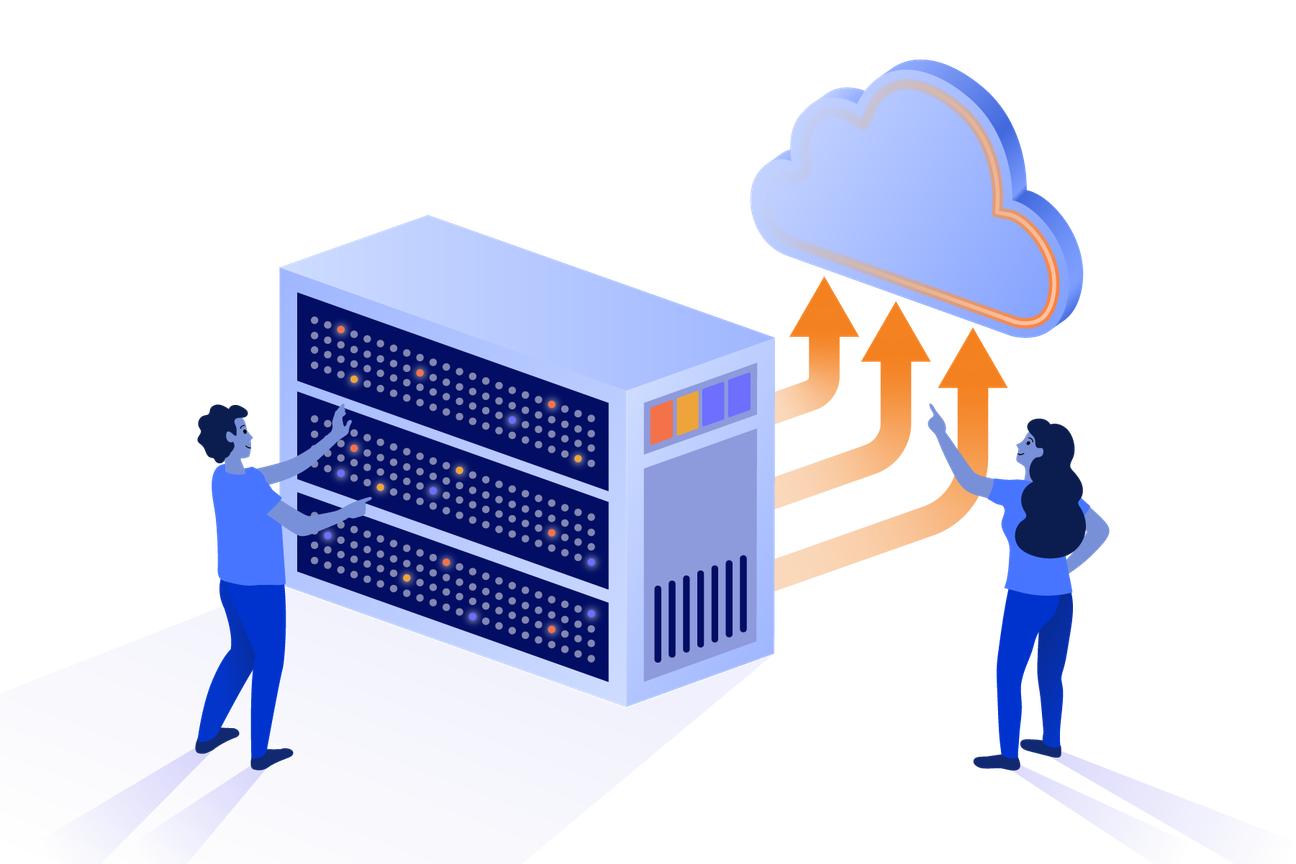 Man looking at a legacy unit with women pointing towards a cloud